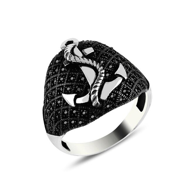 Men's silver ring with anchor stone - 1