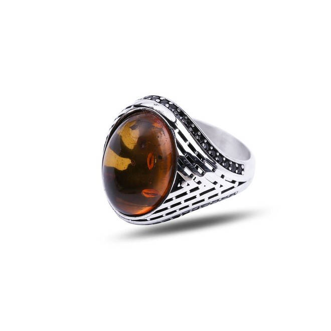 Men's silver ring with amber stone - 2