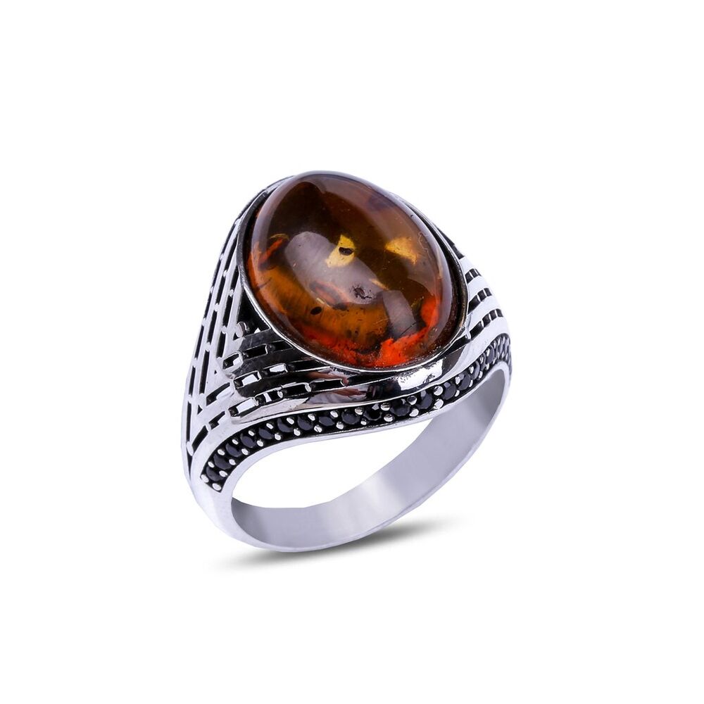 Men's silver ring with amber stone - 1