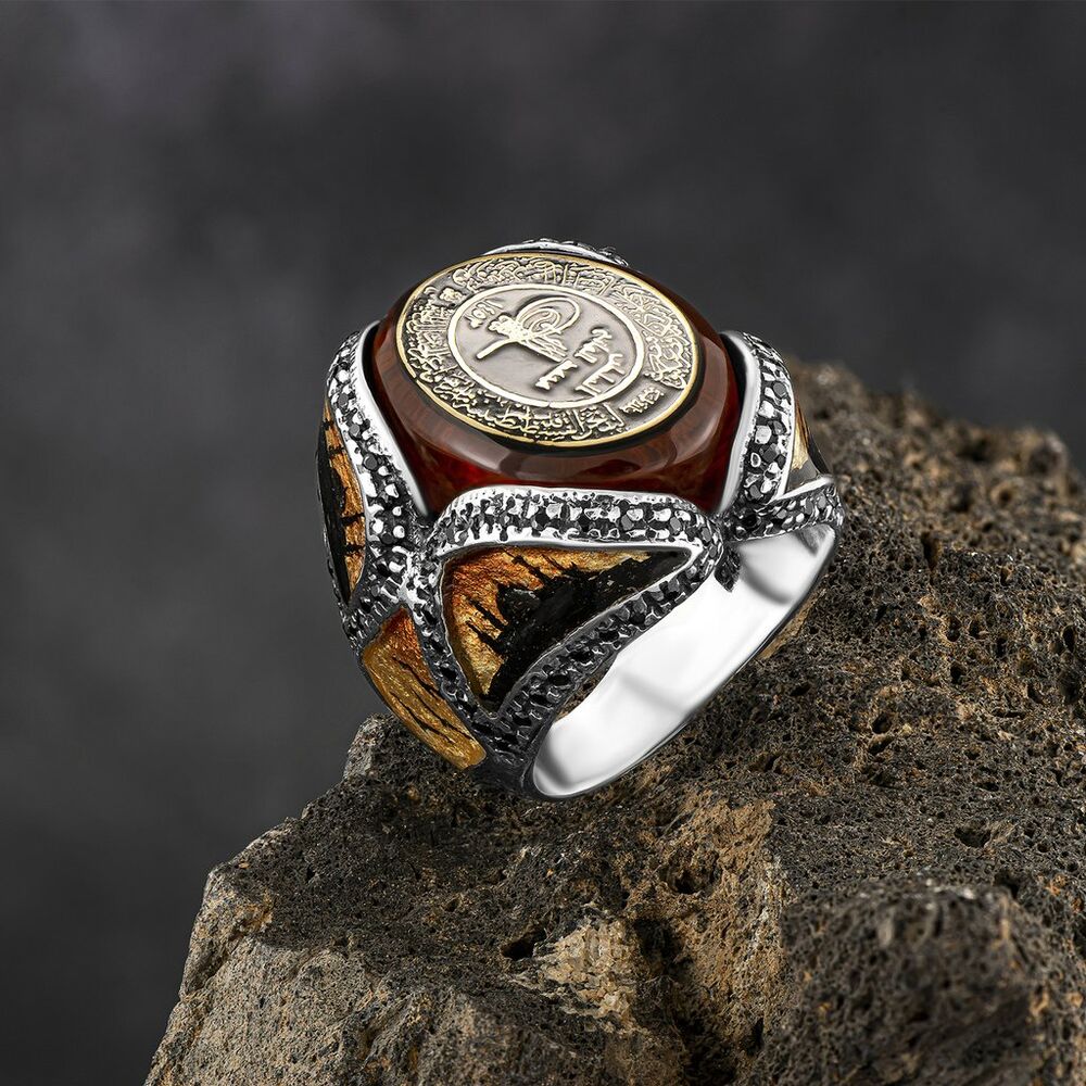 Men's silver ring with brown agate stone, Ottoman design with the inscriptions of Istanbul mosques - 1