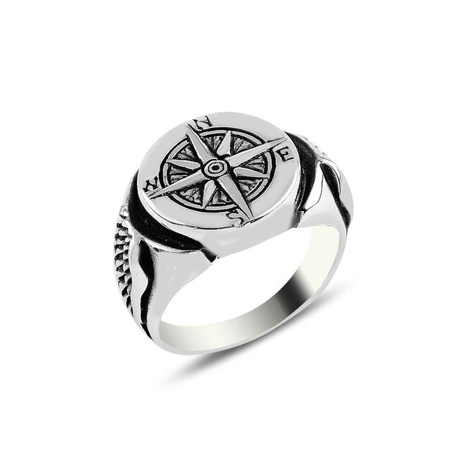 Men's silver ring with compass engraving - 1