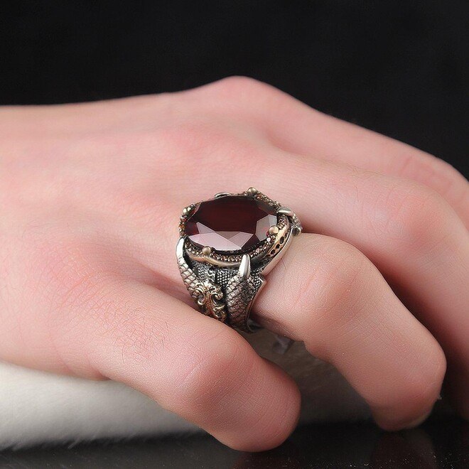 Men's silver ring with eagle claws design with zircon stone - 8