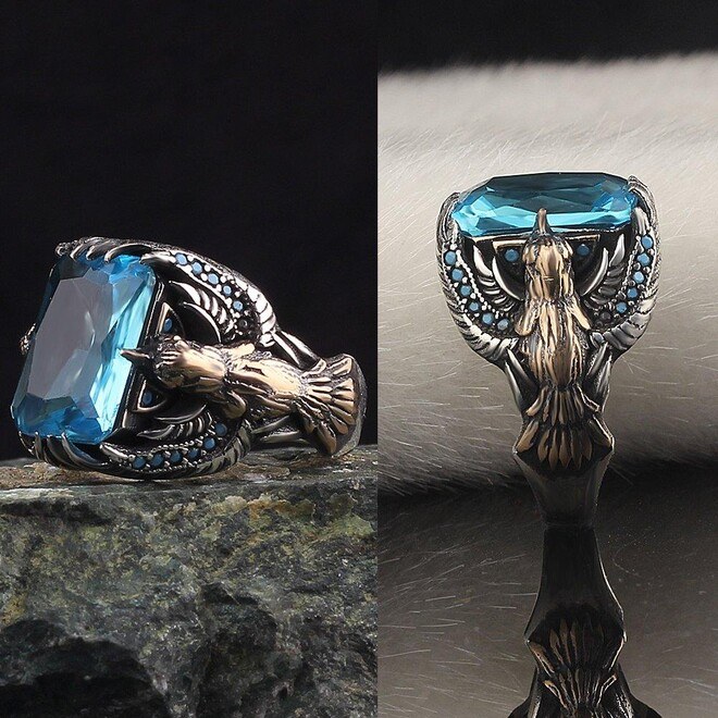 Men's silver ring with eagle design with topaz stone - 3