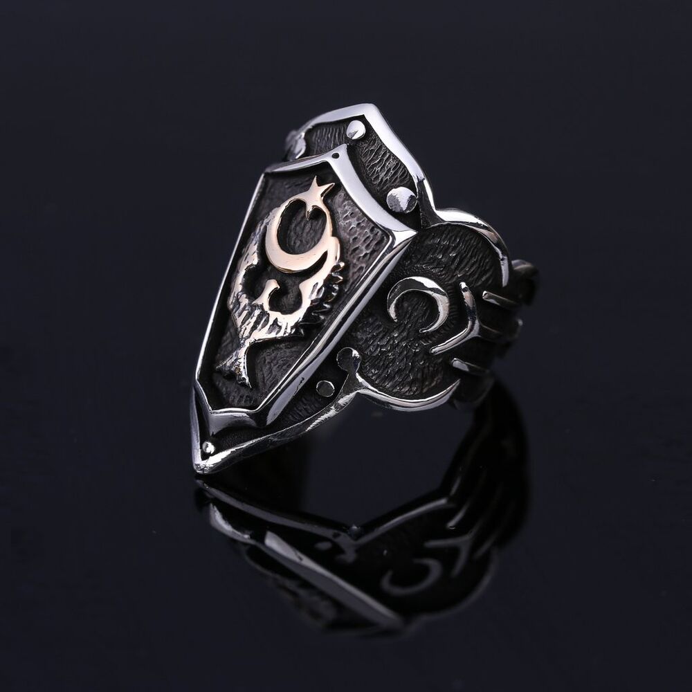 Men's silver ring with eagle engraving with the moon and star on the wings of the eagle - 1