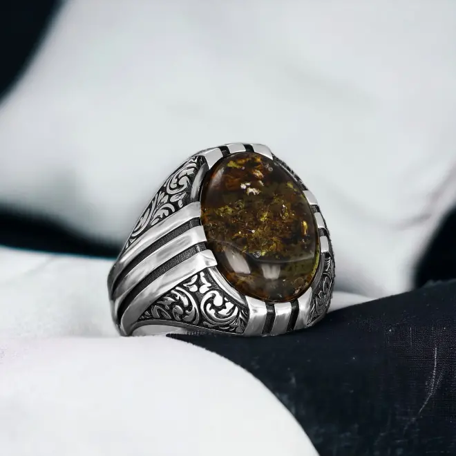 Tesbihevim Men's Silver Ring with Fossilized Drop Amber Stone - 1