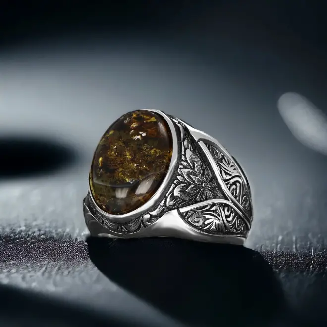 Tesbihevim Men's Silver Ring with Fossilized Drop Amber Stone - 3