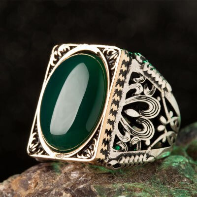 Mens silver ring with green rectangular aqeeq stone