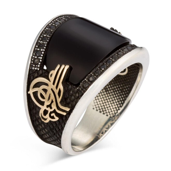 Men's Silver Ring with Onyx Stone and Tughra Inscription - 1