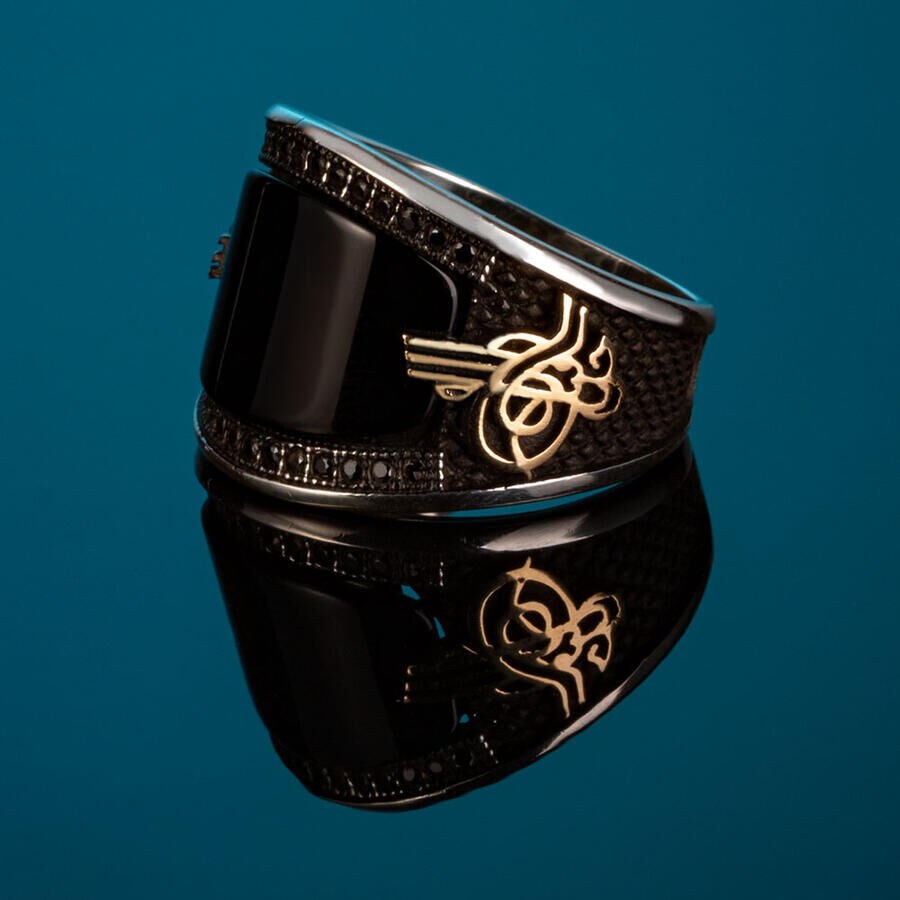 Men's Silver Ring with Onyx Stone and Tughra Inscription - 3