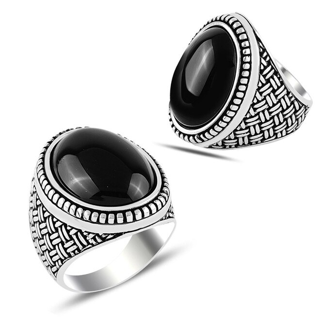 Men's silver ring with onyx stone with a mat design - 1