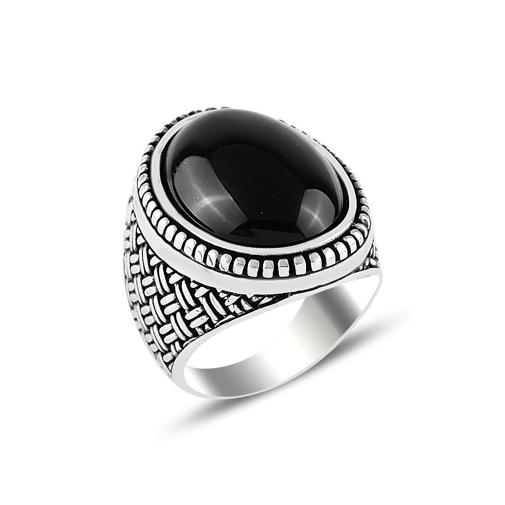 Men's silver ring with onyx stone with a mat design - 2