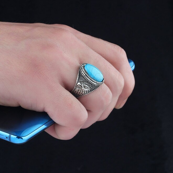 Men's silver ring with oval turquoise stone - 1