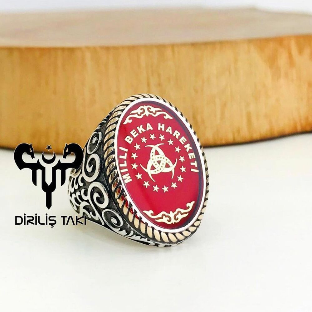 Mens silver ring with red enamel stone - 1