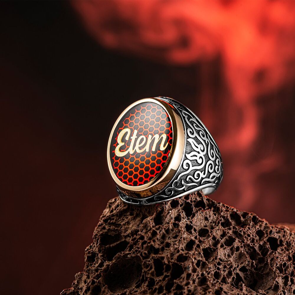 Men's Silver Ring with Red Enamel Stone - 1