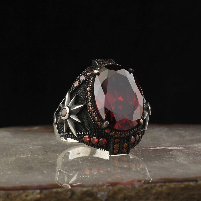 Men's Silver Ring with Red Zircon - Mens Rings - 1