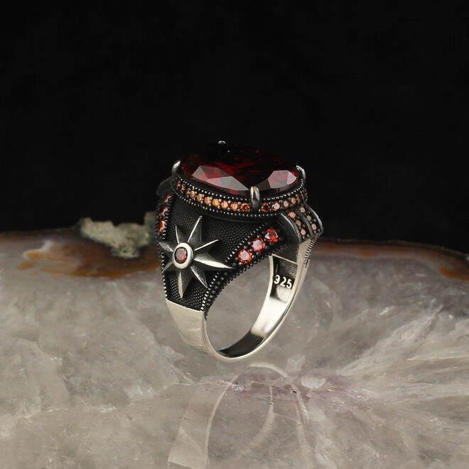 Men's Silver Ring with Red Zircon - Mens Rings - 2