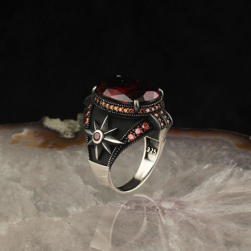 Men's Silver Ring with Red Zircon - Mens Rings - 2