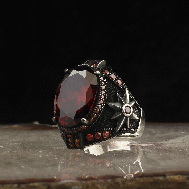 Men's Silver Ring with Red Zircon - Mens Rings - 3