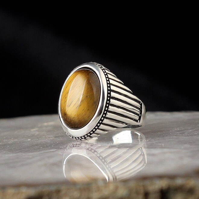 Men's silver ring with shiny tiger eye stone - 2