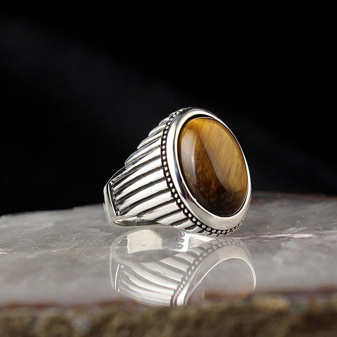 Men's silver ring with shiny tiger eye stone - 1