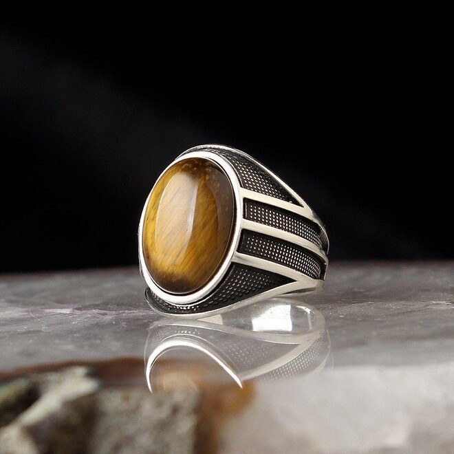 Men's silver ring with tiger eye round stone - 2