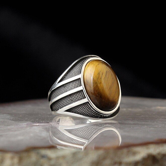 Men's silver ring with tiger eye round stone - 1