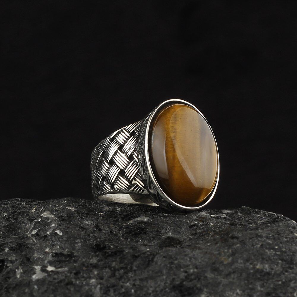 Men's silver ring with tiger's eye gemstone - 1