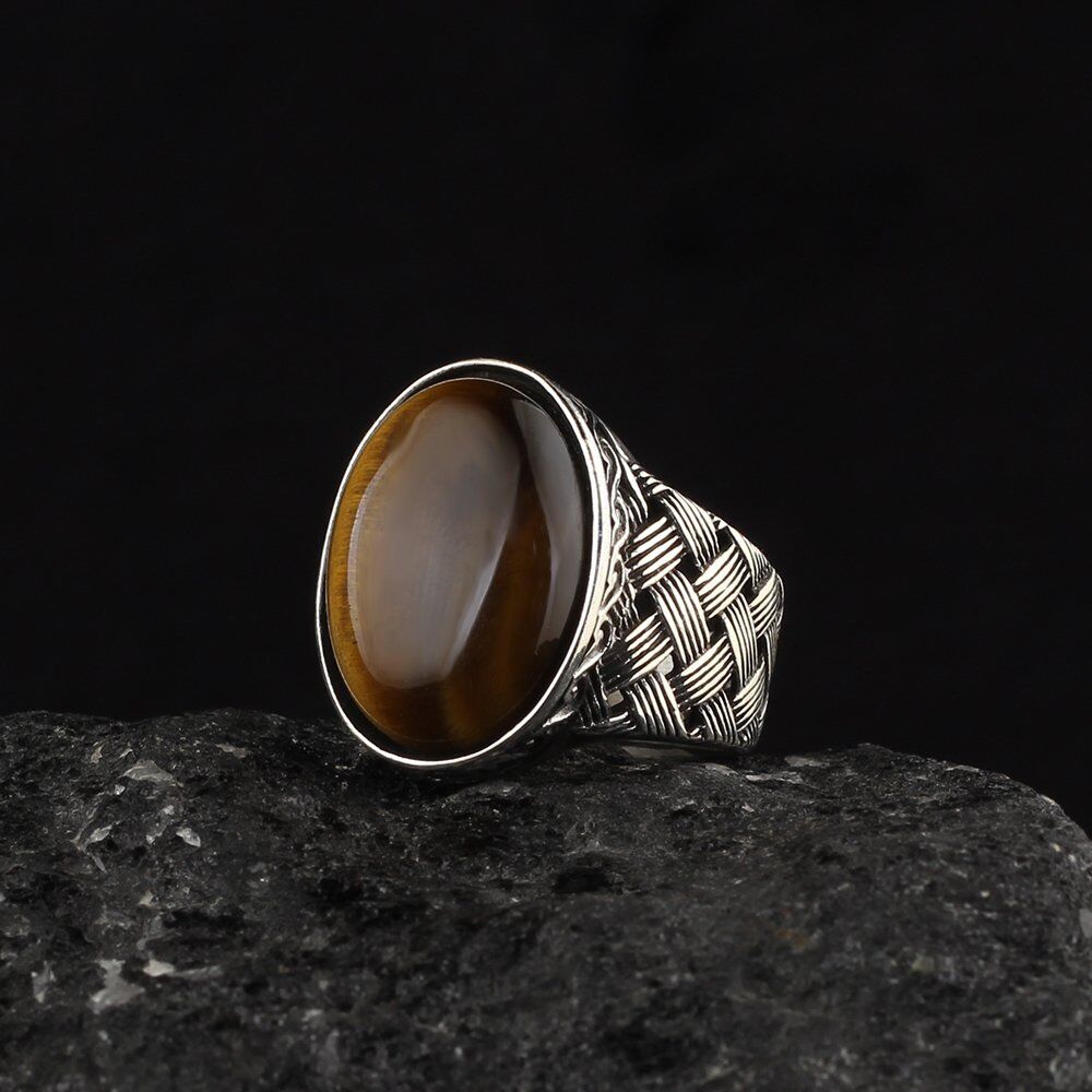 Men's silver ring with tiger's eye gemstone - 3