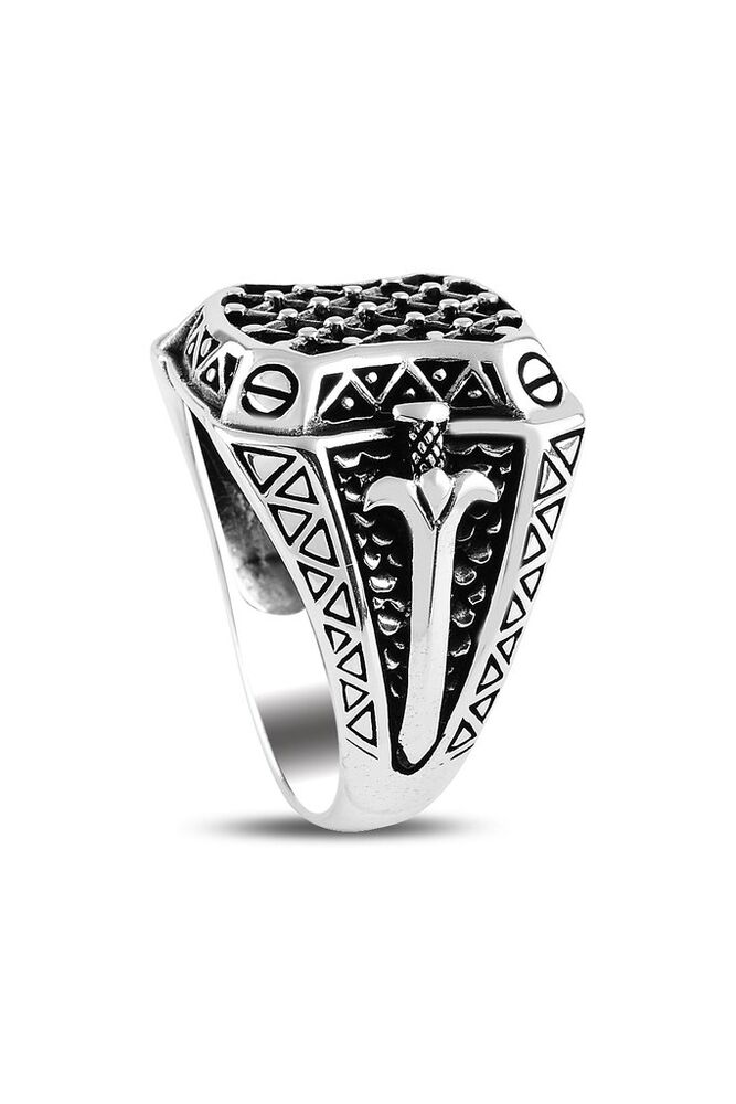 Men's silver ring with war raid design with sword engraving - 1