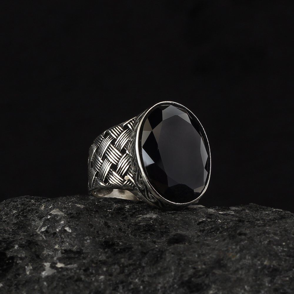 Men's silver ring with zircon stone with a bright design - 1