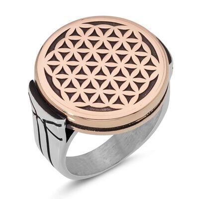 Men's Silver Round Model Flower of Life Ring Silver-Bronze Color - 1