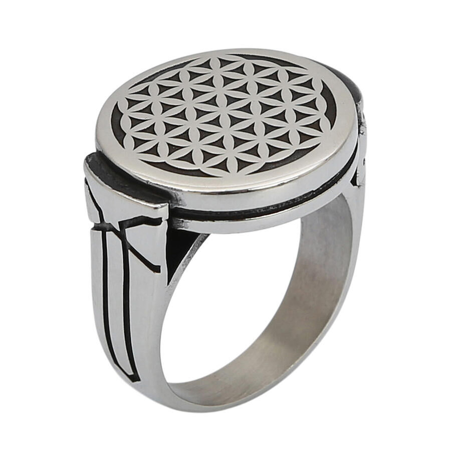 Men's Silver Round Model Flower of Life Ring Silver Color - 1