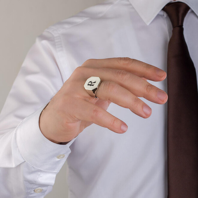 Men's Simple Design Octagon Ring 925 Sterling Silver with Personalized Letters - 5