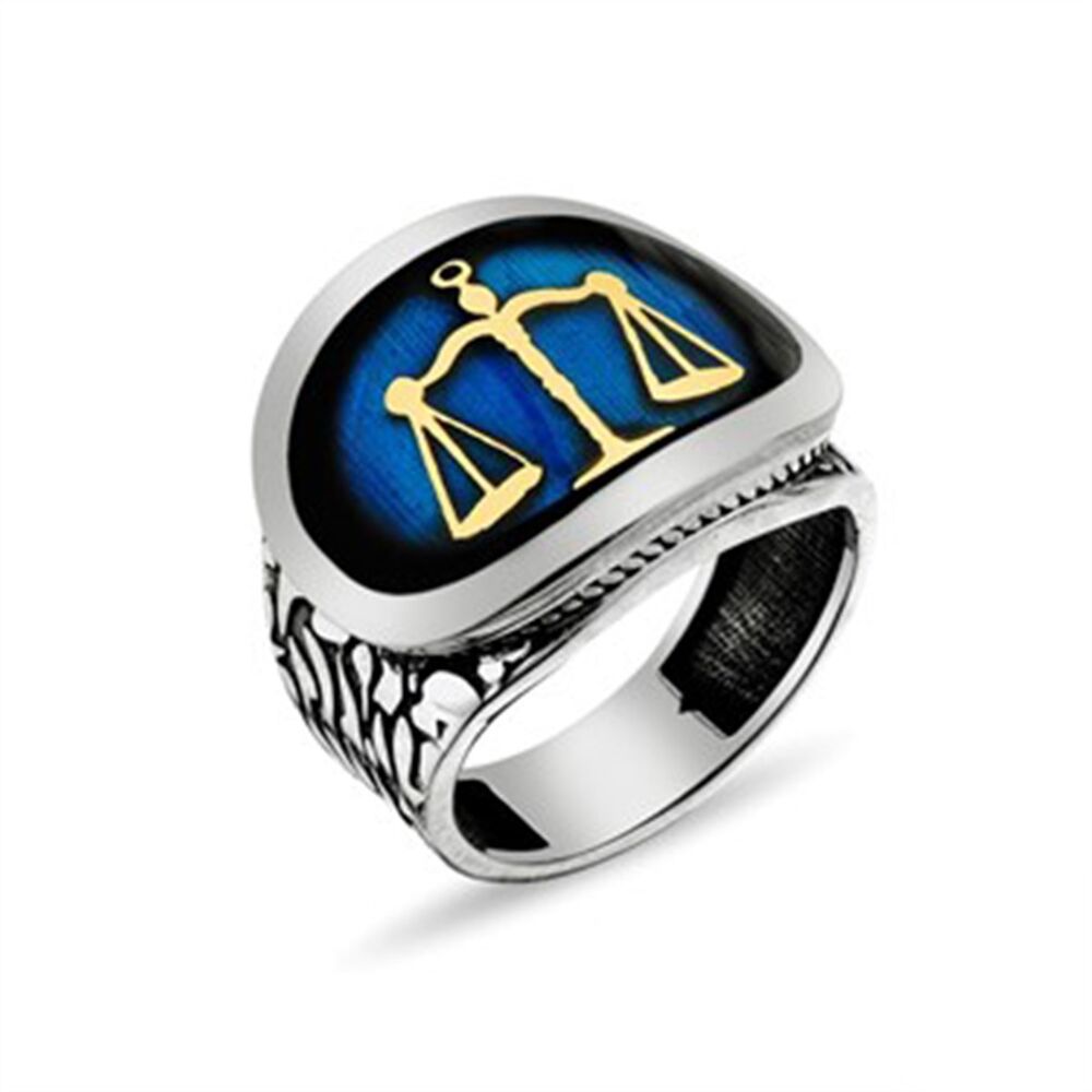 Men's sterling silver oval ring engraved with a scale of justice, blue color - 1