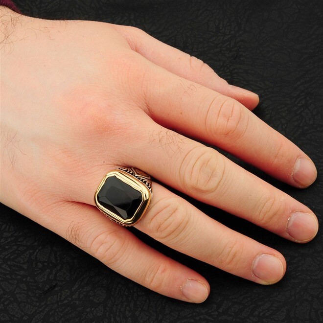 Men's sterling silver rectangular ring with black agate stone zircon with changeable side symbol - 3