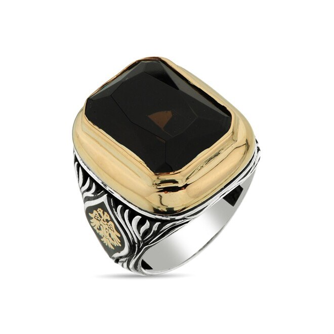 Men's sterling silver rectangular ring with black agate stone zircon with changeable side symbol - 1