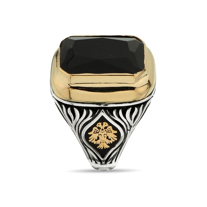 Men's sterling silver rectangular ring with black agate stone zircon with changeable side symbol - 2