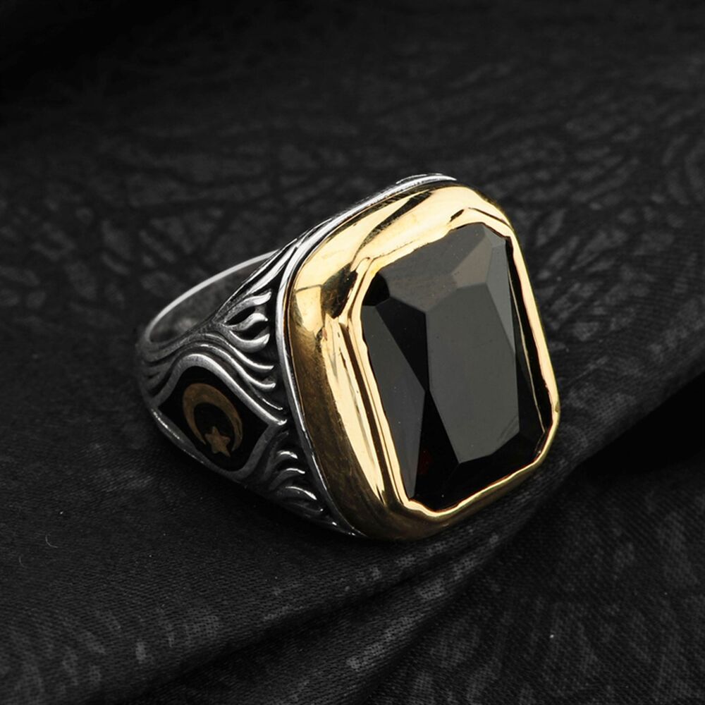 Men's sterling silver rectangular ring with black agate stone zircon with changeable side symbol - 4