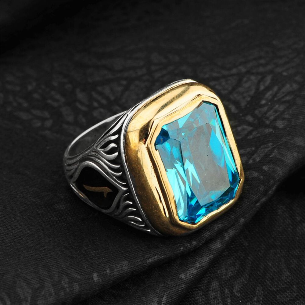 Men's sterling silver rectangular ring with original aquamarine stone with changeable side symbol - 2