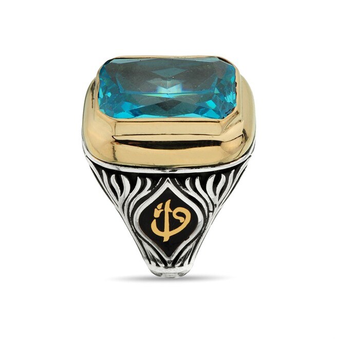 Men's sterling silver rectangular ring with original aquamarine stone with changeable side symbol - 3