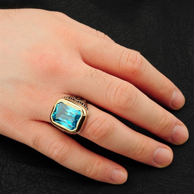 Men's sterling silver rectangular ring with original aquamarine stone with changeable side symbol - 4