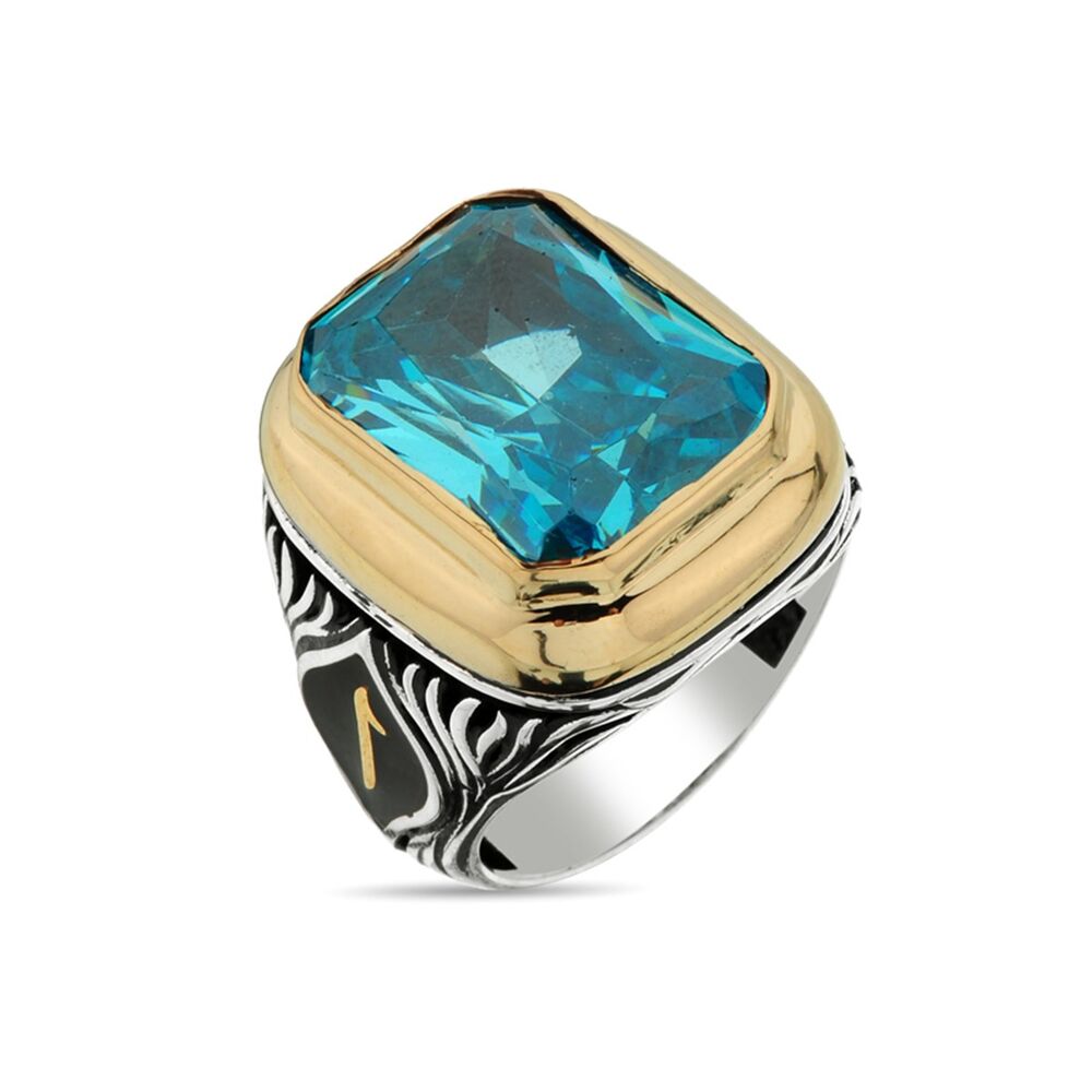 Men's sterling silver rectangular ring with original aquamarine stone with changeable side symbol - 1