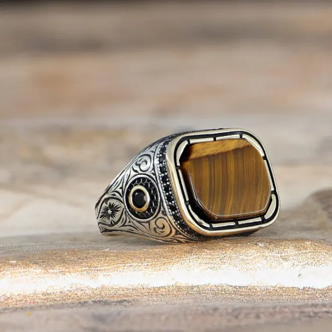 Tesbihevim Men's Sterling Silver Ring 925 with Tiger's Eye Stone - 2