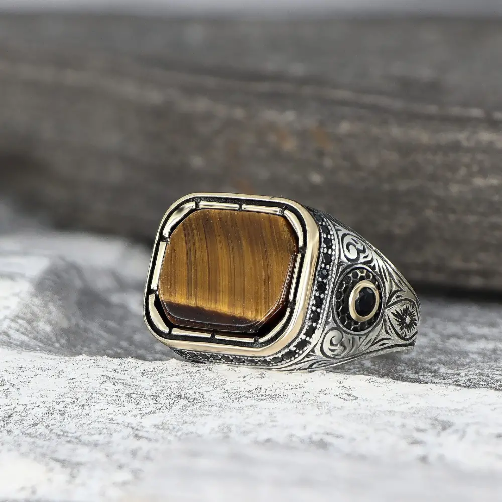 Tesbihevim Men's Sterling Silver Ring 925 with Tiger's Eye Stone - 1