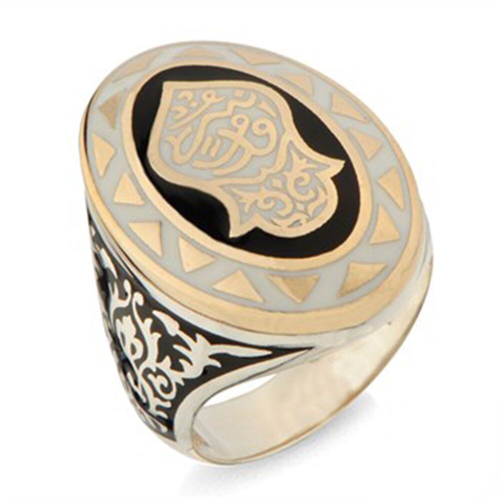 Men's sterling silver ring from Nali Sharif Kademi, plated with white and black enamel, oval shape with a distinctive design - 1