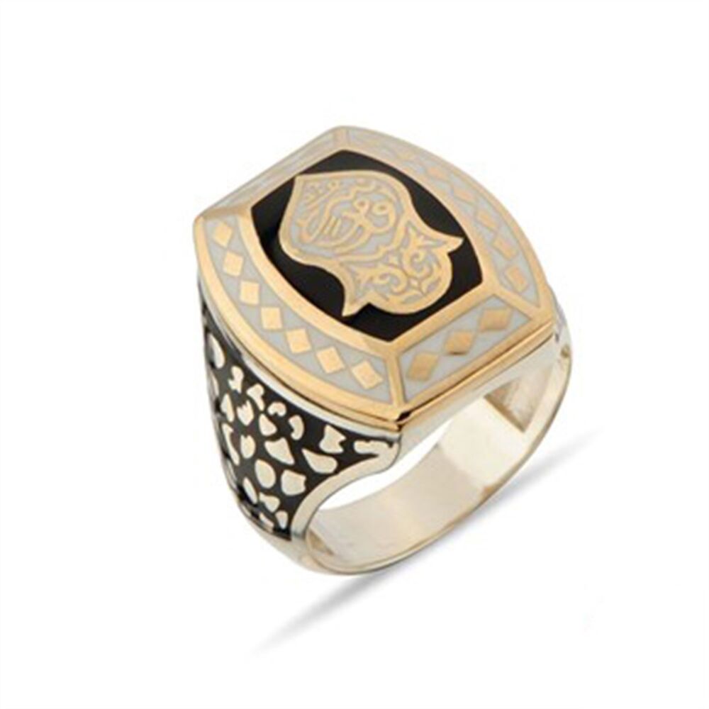 Men's sterling silver ring from Nali Sharif kademi , plated with white and black enamel, rectangular shape with a distinctive design - 1