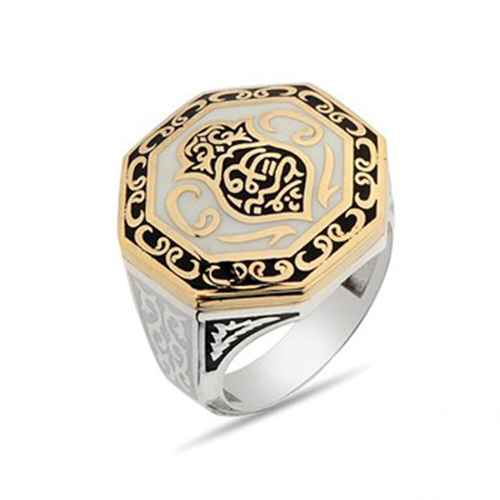 Men's sterling silver ring from Nali Sharif Kademi, plated with white enamel, equilateral rhombus shape, with a distinctive design - 1