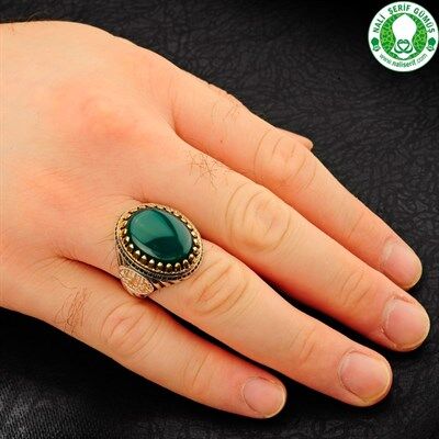 Men's sterling silver ring, green agate, written on it in Arabic (Death is enough for a preacher) - 3