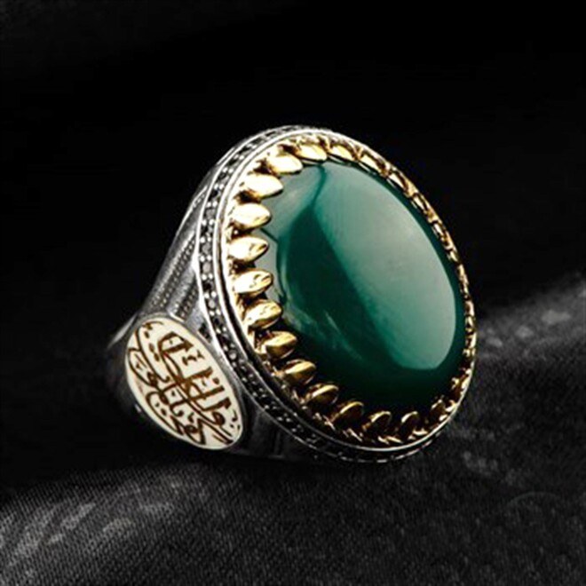 Men's sterling silver ring, green agate, written on it in Arabic (Death is enough for a preacher) - 1