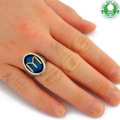 Men's sterling silver ring, oval blue color, engraved with the flag of the Kaya tribe - 2